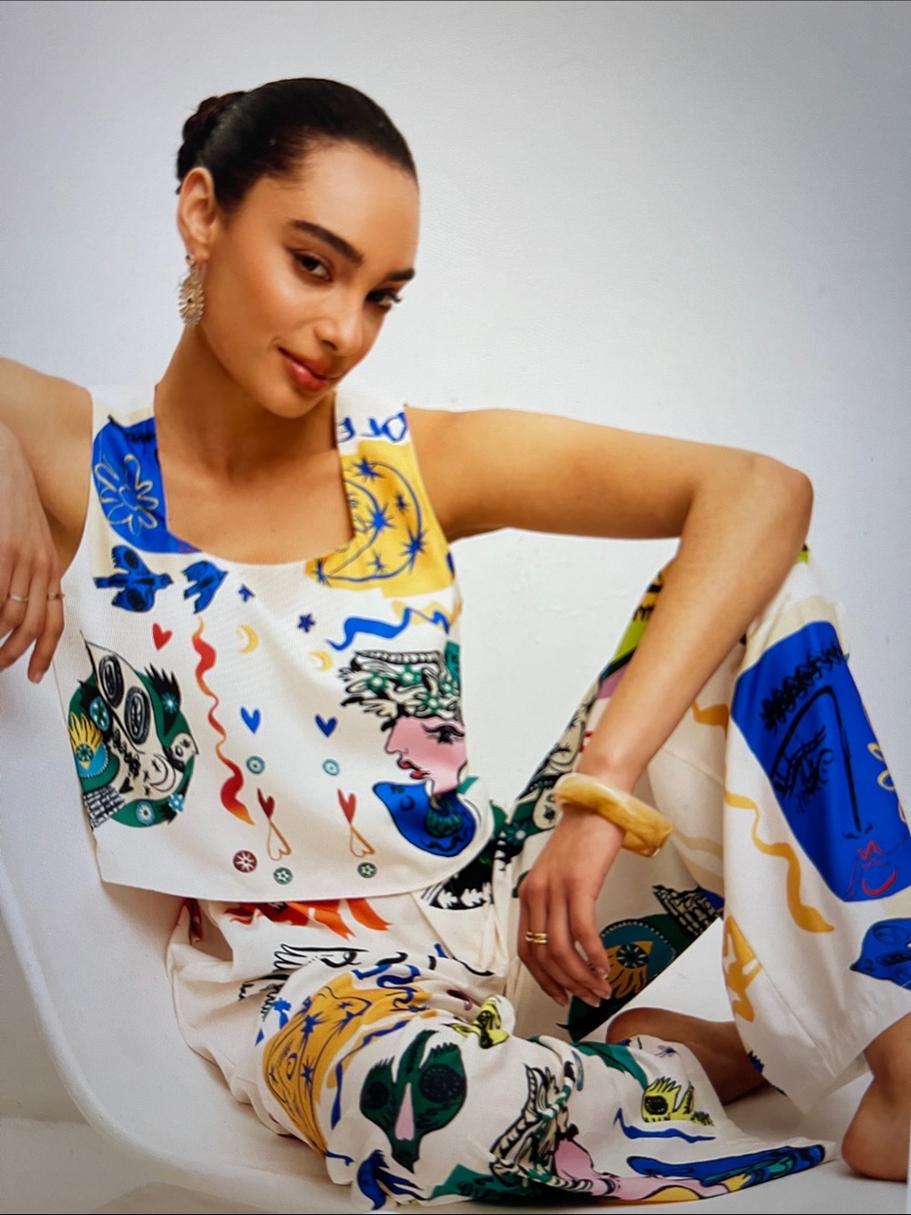 NWT Commense Two-Piece White Graphic Crop Top & Wide Leg Pants Set - Picture 5 of 16